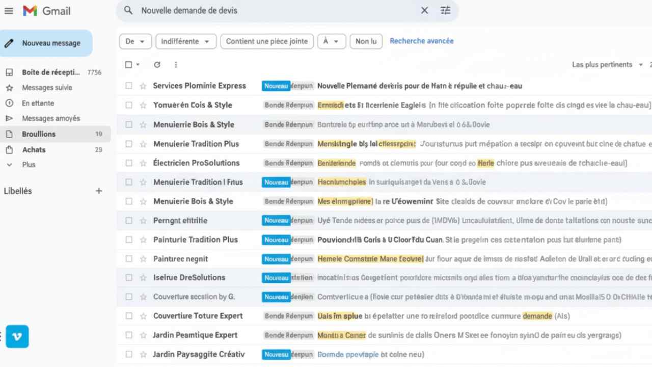 Gmail inbox with new quote requests received